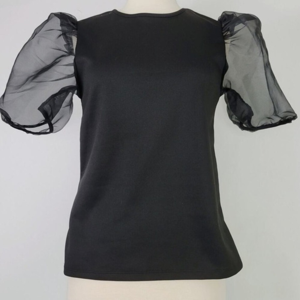 Dalin‎ Black Sheer Puff Sleeve Top Women's Size M Round Neck